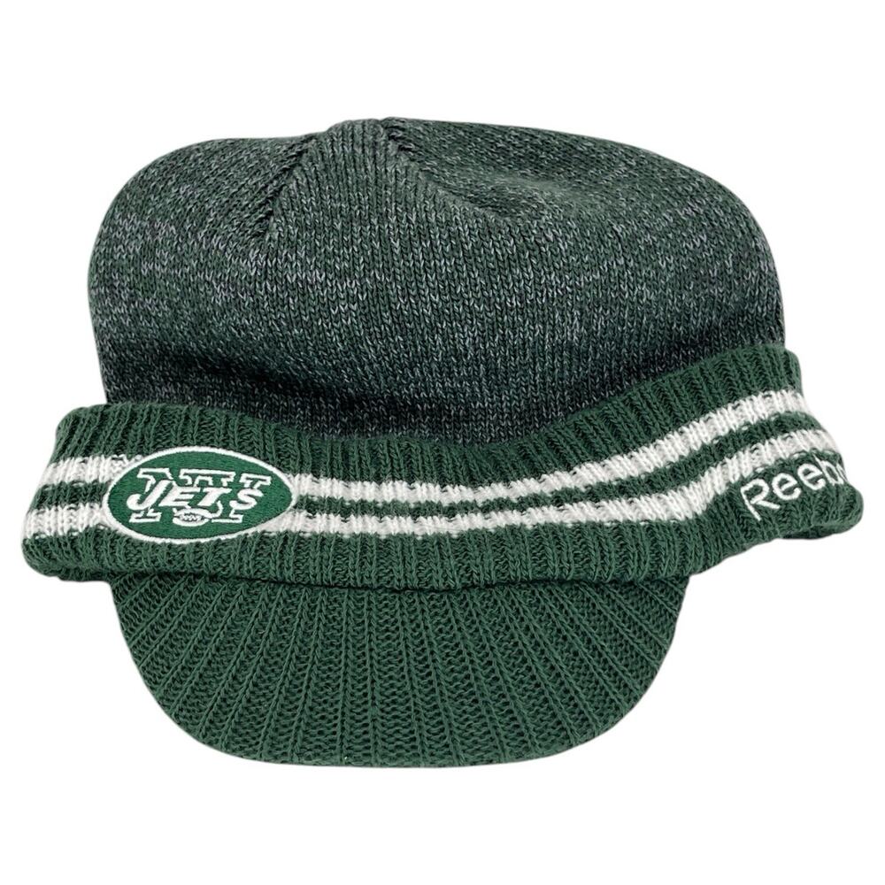 Reebok NFL New York Jets Knit Beanie Cap Green White Stripes Logo Patch Adult